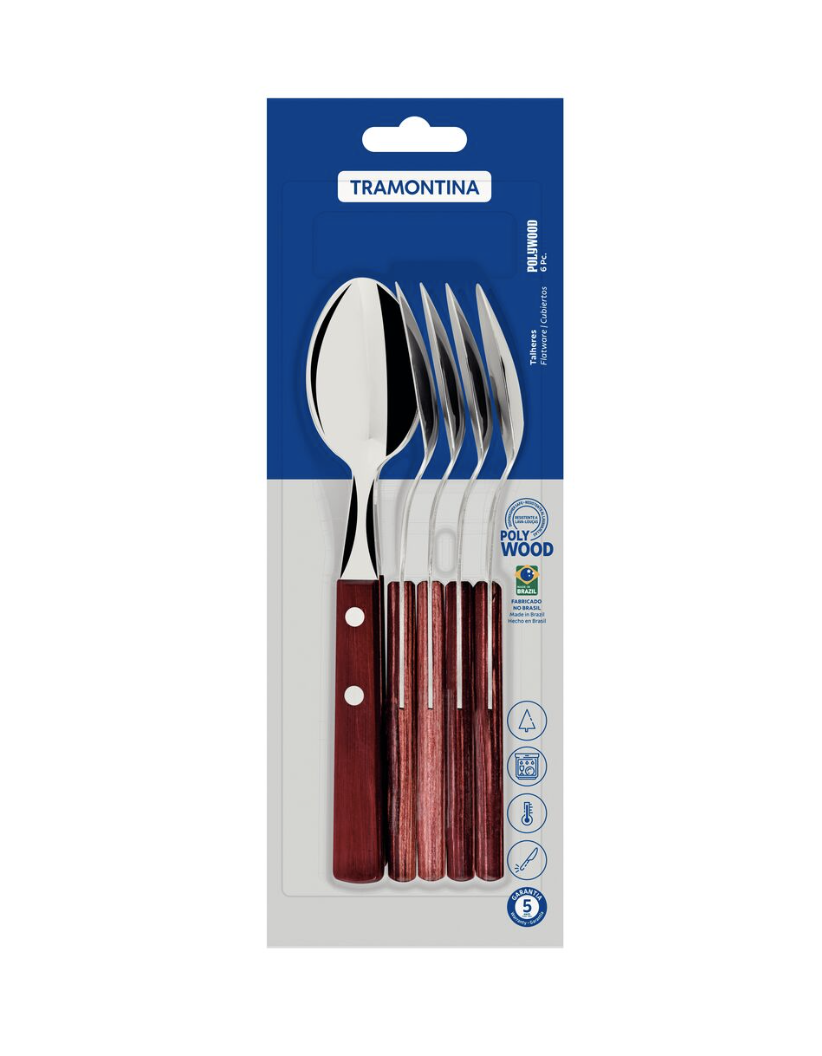 Juego de Cucharas de Mesa Tramontina con Láminas de Acero Inoxidable y Mangos de Madera Tratada Polywood Rojo 6 Piezas