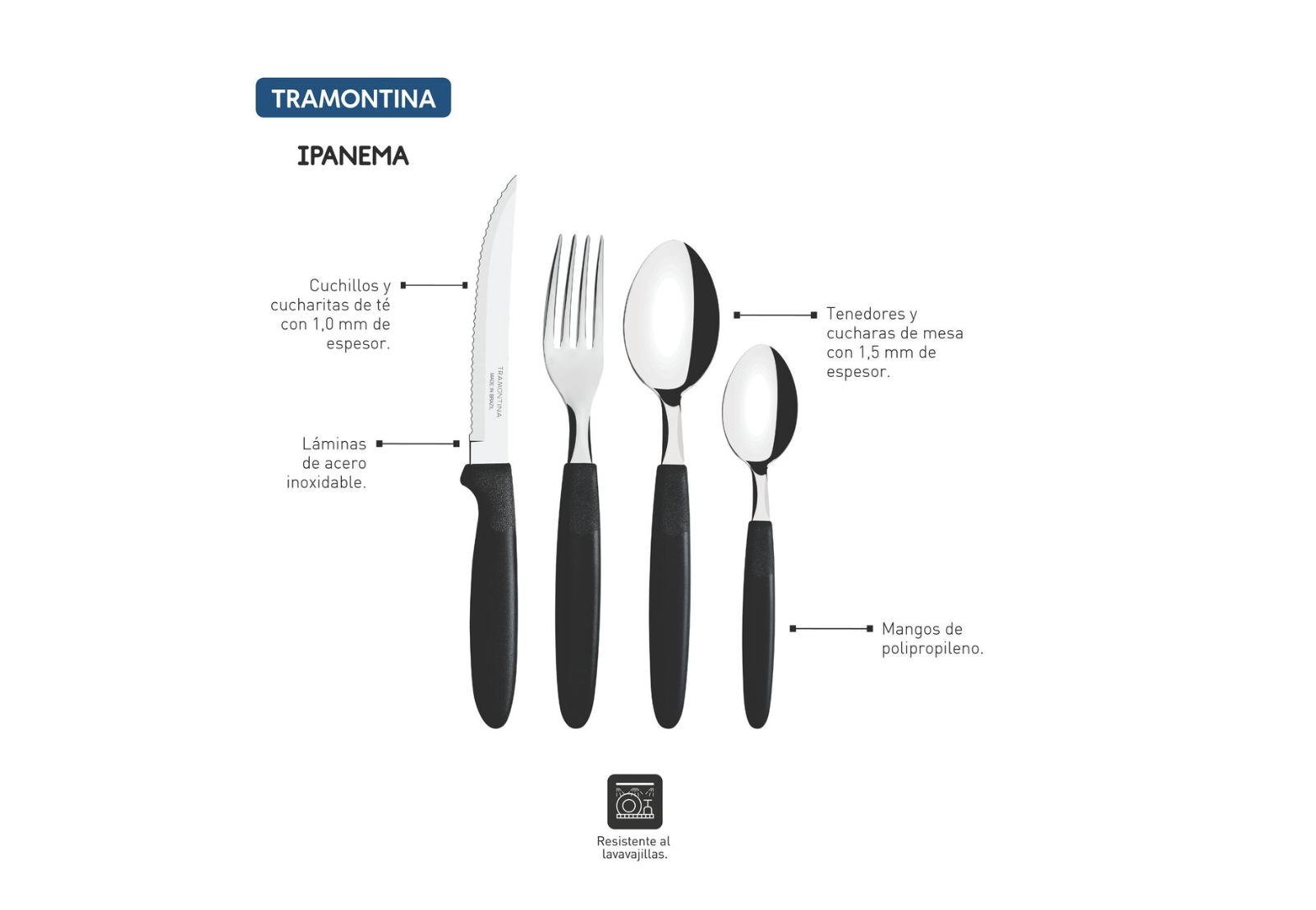 Juego de Cubiertos Tramontina Ipanema con Láminas de Acero Inoxidable y Mangos de Polipropileno Negro 24 Piezas