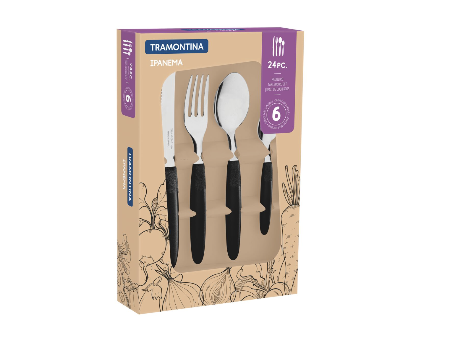 Juego de Cubiertos Tramontina Ipanema con Láminas de Acero Inoxidable y Mangos de Polipropileno Negro 24 Piezas