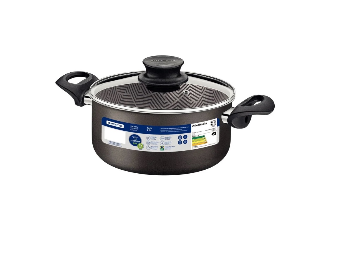 Cacerola Tramontina Paris en Aluminio con Revestimiento Interno y Externo Antiadherente Starflon Max Plomo con Tapa de Vidrio 18 cm 2,1 L