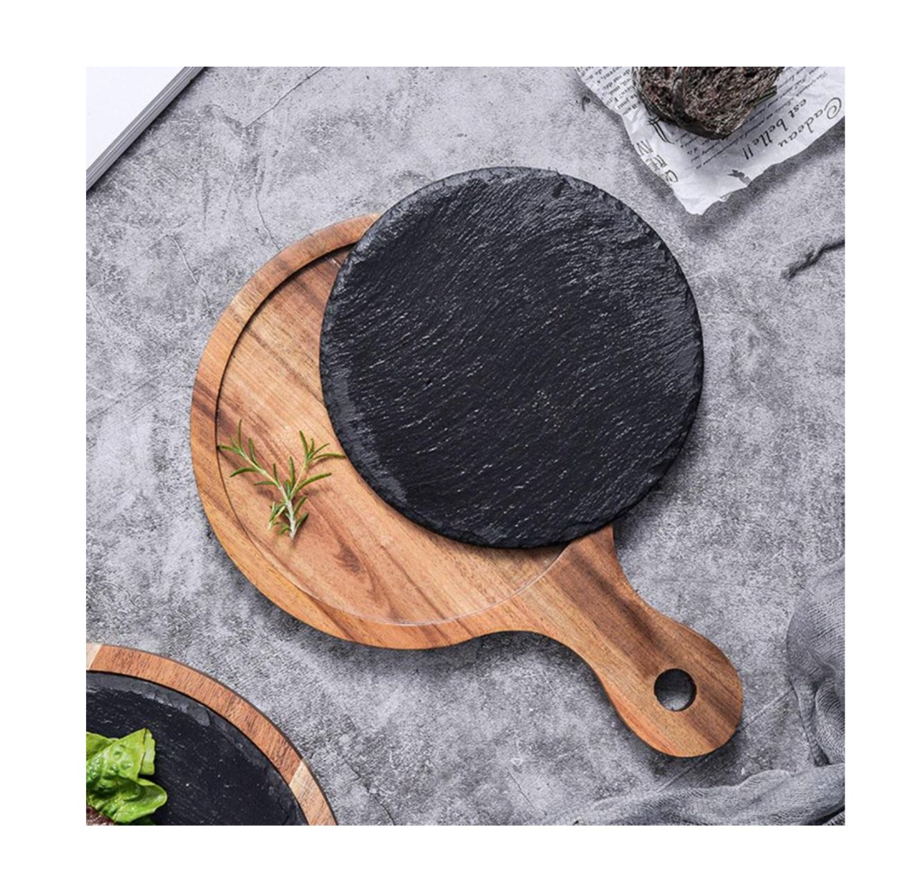 Tabla de Madera con Piedra, redonda con mango 31,5 cm