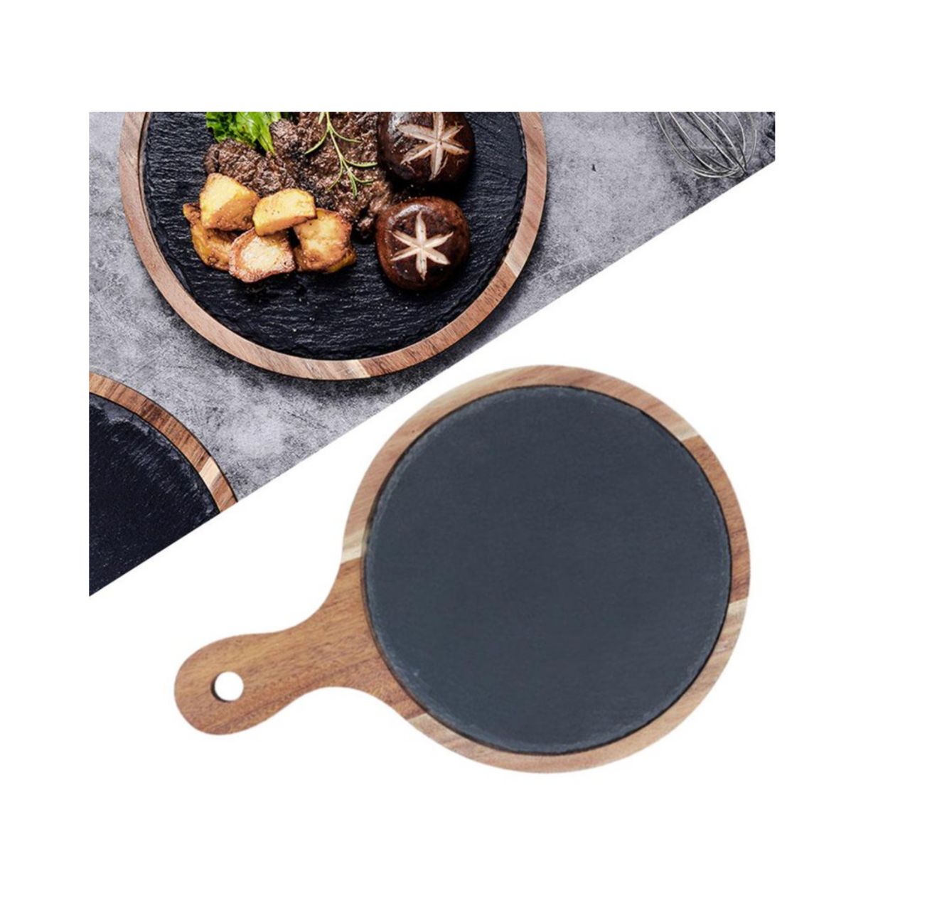 Tabla de Madera con Piedra, redonda con mango 31,5 cm