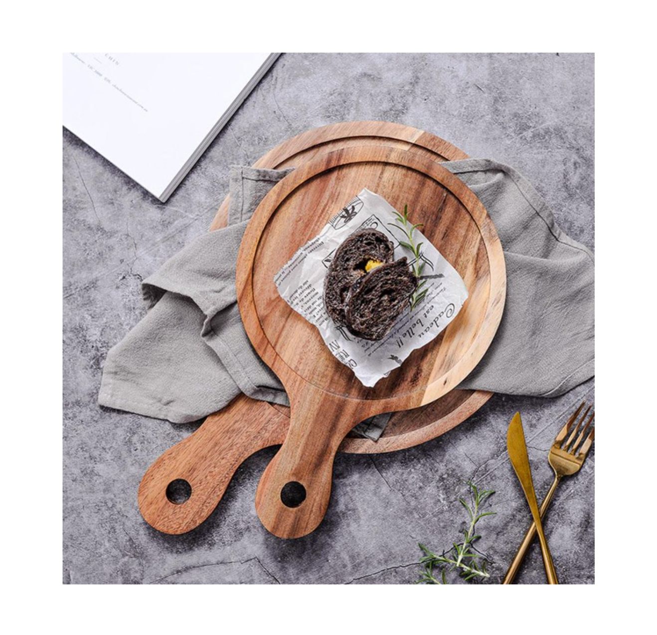 Tabla de Madera con Piedra, redonda con mango 31,5 cm