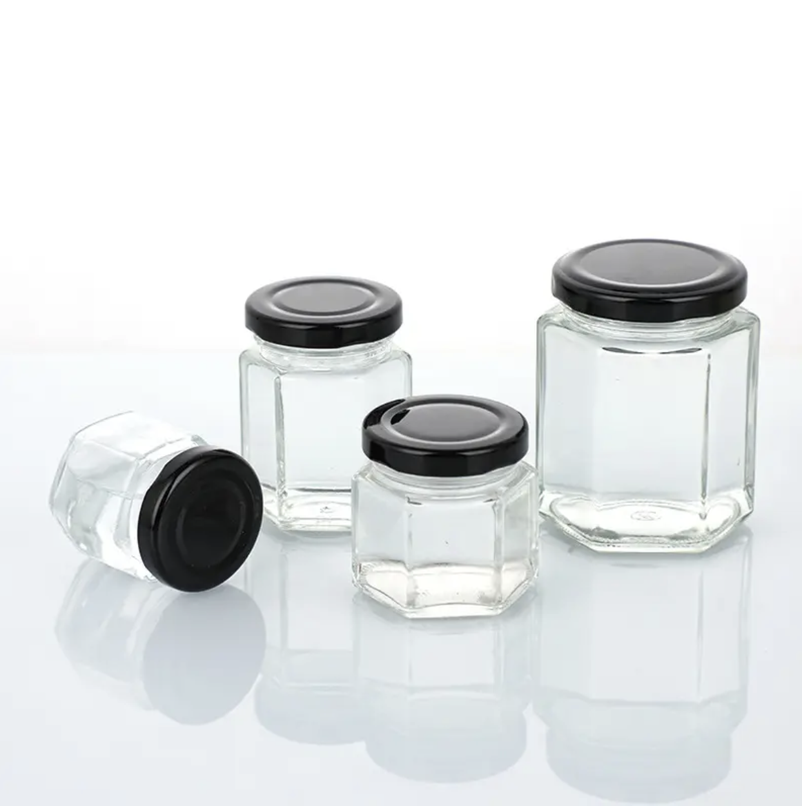 Frascos Hexagonales en Vidrio con tapa de Rosca Negra 280ml