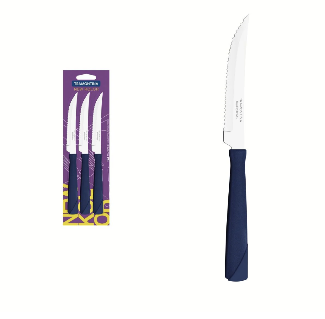 Juego de Cuchillos para Asado Tramontina New Kolor con Láminas de Acero Inoxidable y Mangos de Polipropileno Azul 3 Piezas