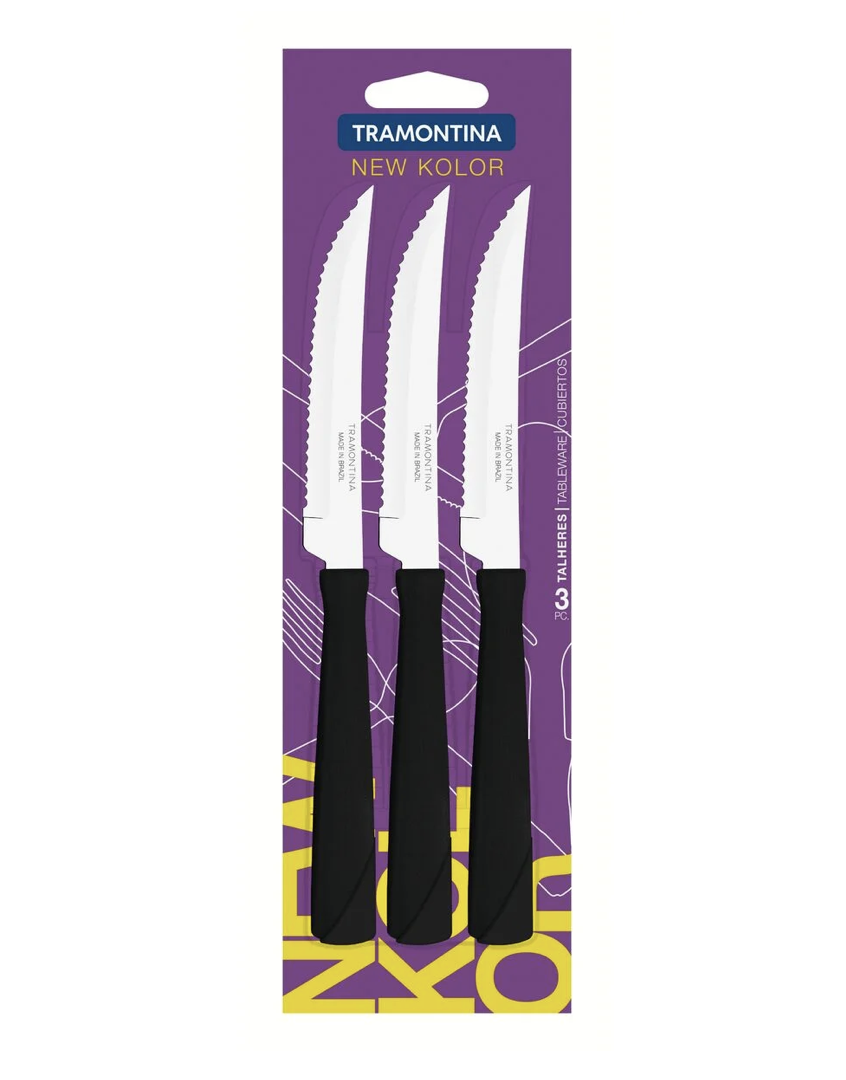Juego de Cuchillos para Asado Tramontina New Kolor con Láminas de Acero Inoxidable y Mangos de Polipropileno Negro 3 Piezas
