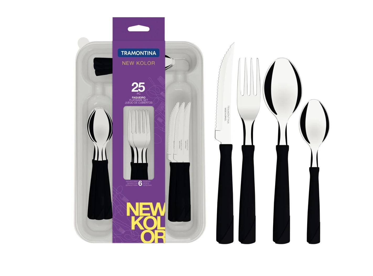 Juego de Cubiertos Tramontina New Kolor con Láminas de Acero Inoxidable y Mangos de Polipropileno Negro con Cubiertera 25 Piezas


