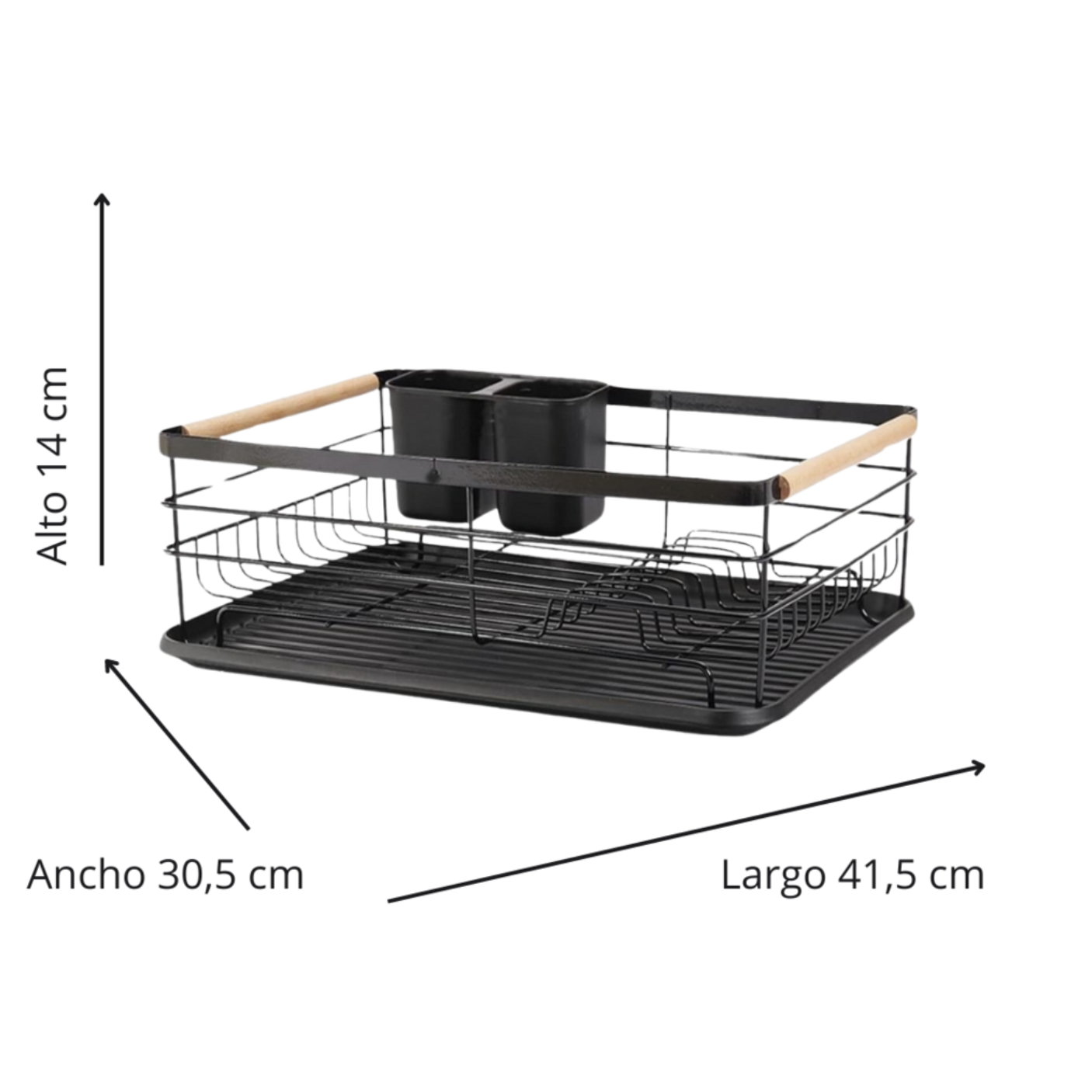 Escurridor Nordico en Acero Negro con mangos de Madera y bandeja plastica, 43x32x14