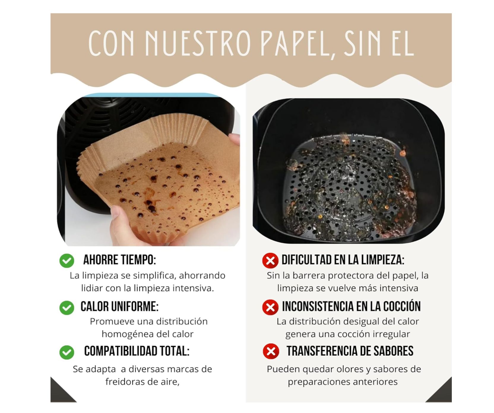 Papel antiadherente para AirFryer. Cuadrado 50pcs. 16x16x4,5cm.