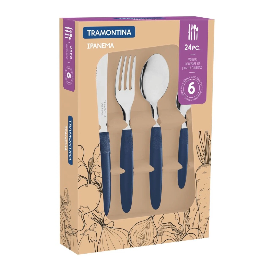 Juego de Cubiertos Tramontina Ipanema con Láminas de Acero Inoxidable y Mangos de Polipropileno Azul 24 Piezas
