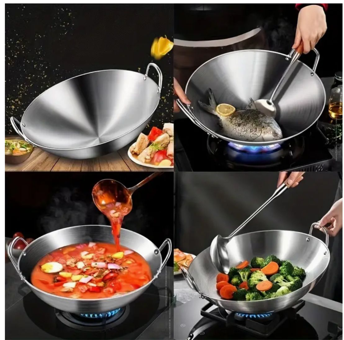 Wok de Doble oreja en Acero de fondo redondo sin recubrimiento 26 cm