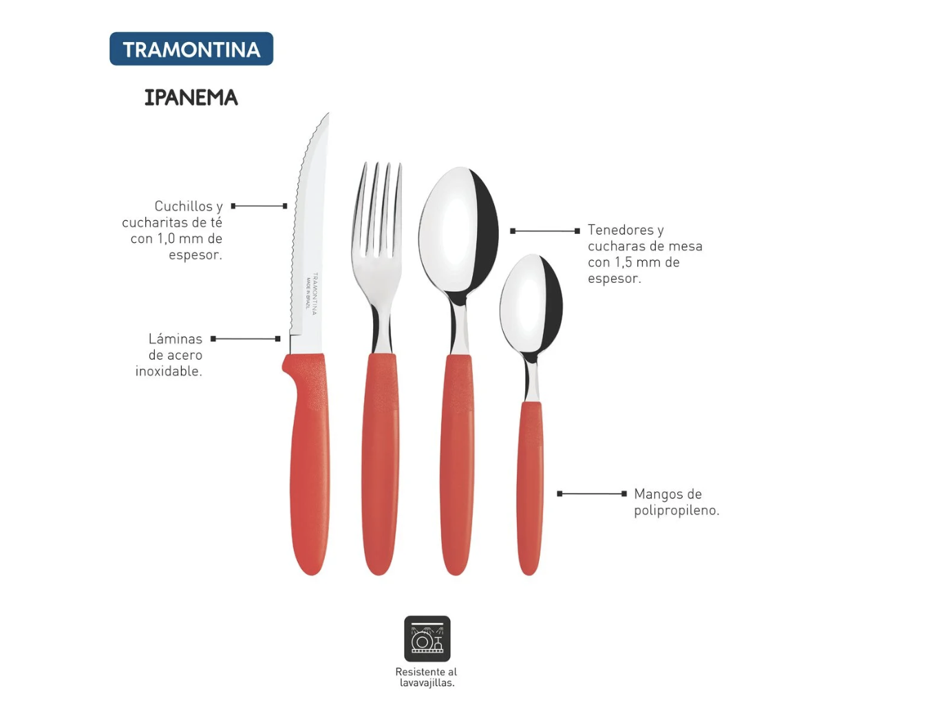 Juego de Cubiertos Tramontina Ipanema con Láminas de Acero Inoxidable y Mangos de Polipropileno Rojo 24 Piezas