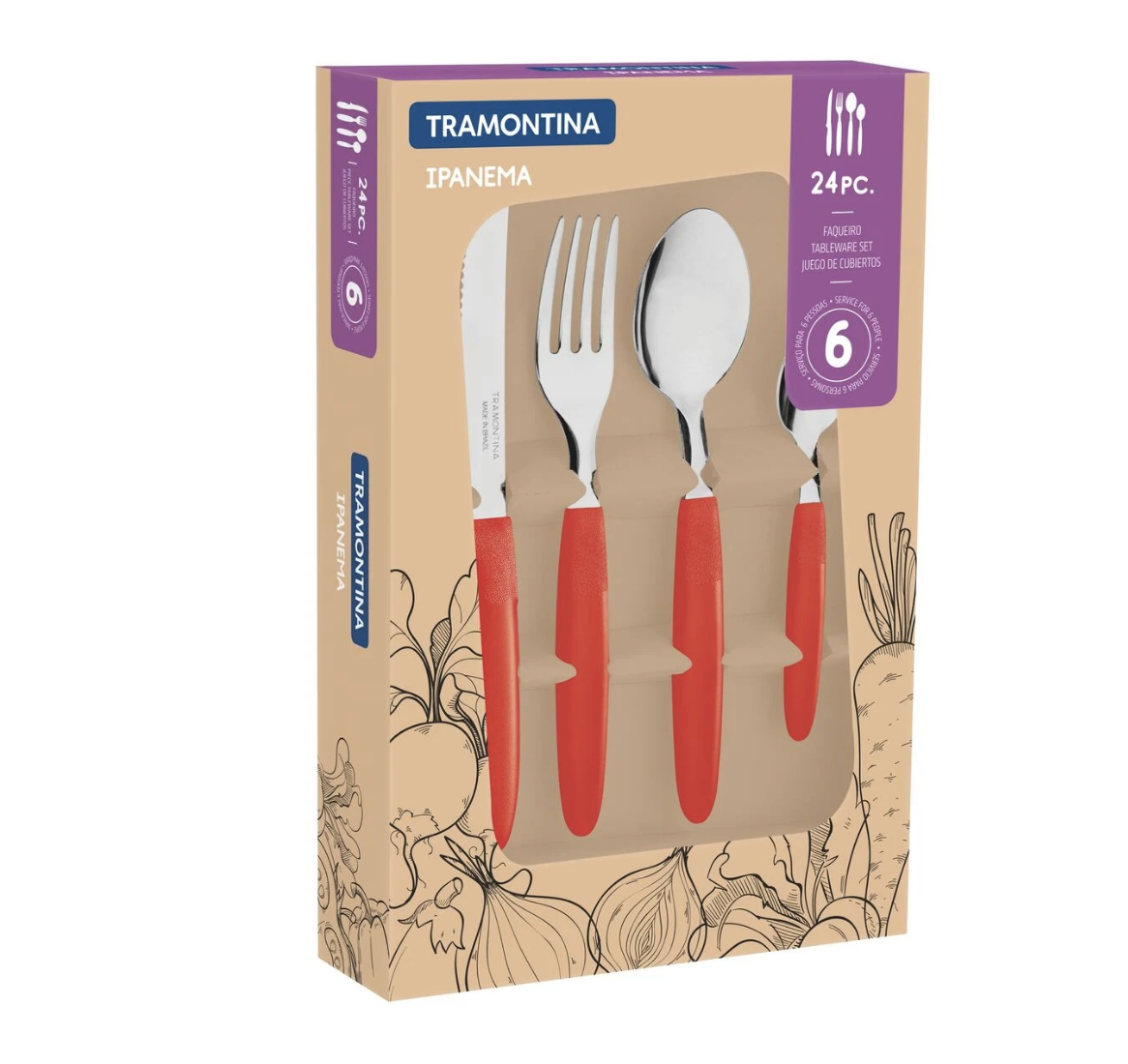 Juego de Cubiertos Tramontina Ipanema con Láminas de Acero Inoxidable y Mangos de Polipropileno Rojo 24 Piezas