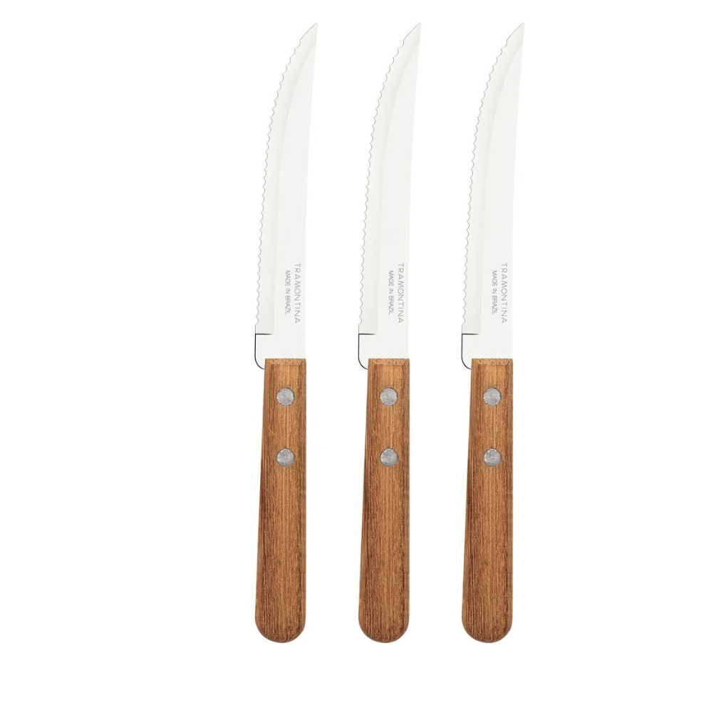 Juego de Cuchillos para Asado y Frutas Tramontina Dynamic con Láminas de Acero Inoxidable y Mangos de Madera Natural 03 Piezas