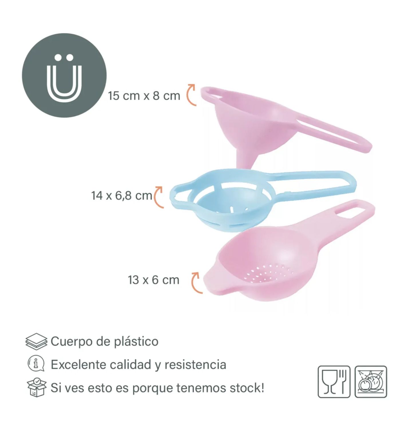 Trio Casasunco de Separador de claras, Embudo y Colador o colador de Té  en Plastico
