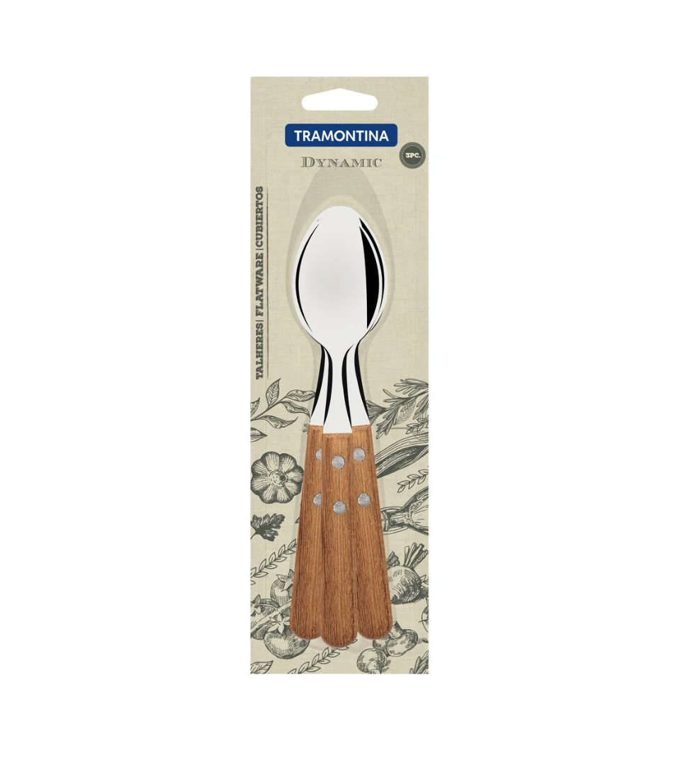 Juego de Cucharas de Mesa Tramontina Dynamic con Láminas en Acero Inoxidable y Mangos de Madera Natural 03 Piezas