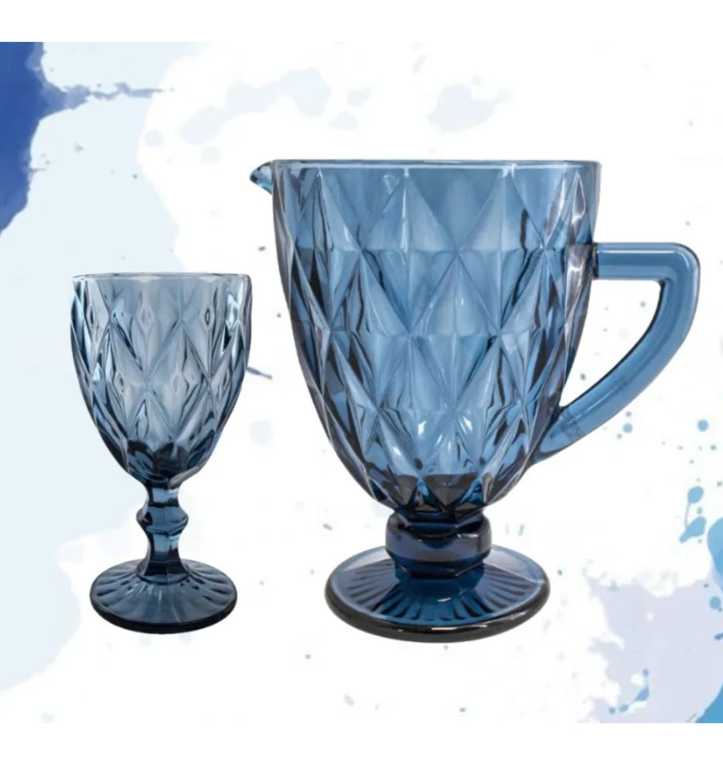 Juego de Jarra 1 L con 6 Copas de Vidrio Labrado Azul 300ml