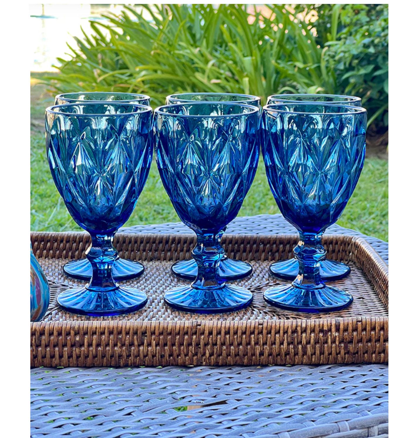 Juego de Jarra 1 L con 6 Copas de Vidrio Labrado Azul 300ml