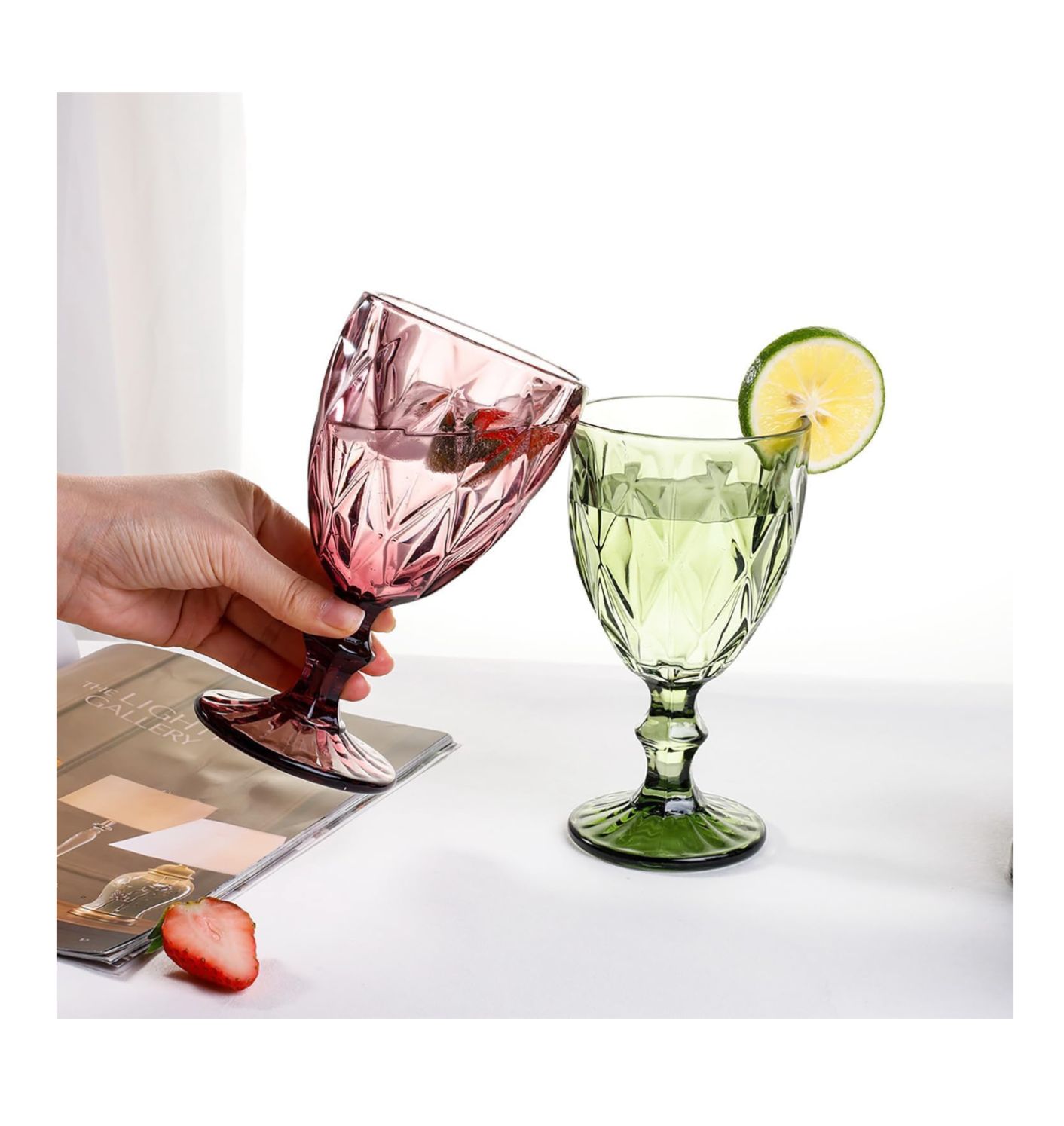 Juego de 6 copas en Vidrio Labrado Diamante Verde 245 ml