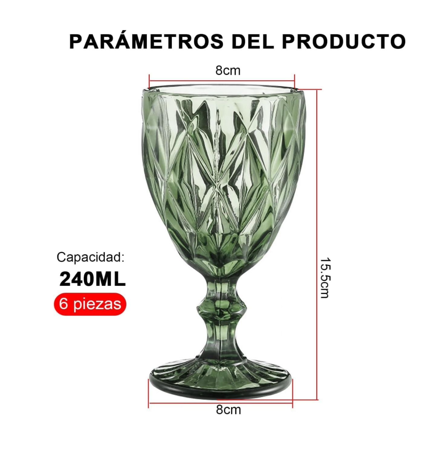 Juego de 6 copas en Vidrio Labrado Diamante Verde 245 ml