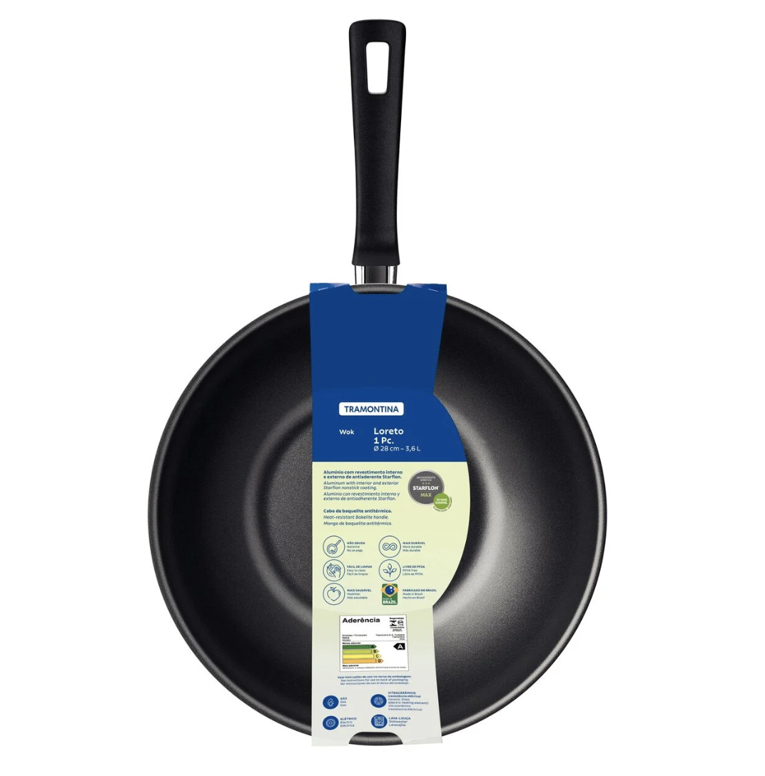 Wok Tramontina Loreto en Aluminio con Revestimiento Interno y Externo Antiadherente Starflon Max Grafito 28 cm 3,6 L