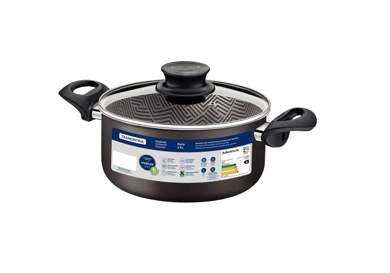 Cacerola Tramontina Paris en Aluminio con Revestimiento Interno y Externo Antiadherente Starflon Max Plomo con Tapa de Vidrio 24 cm 4,9 L