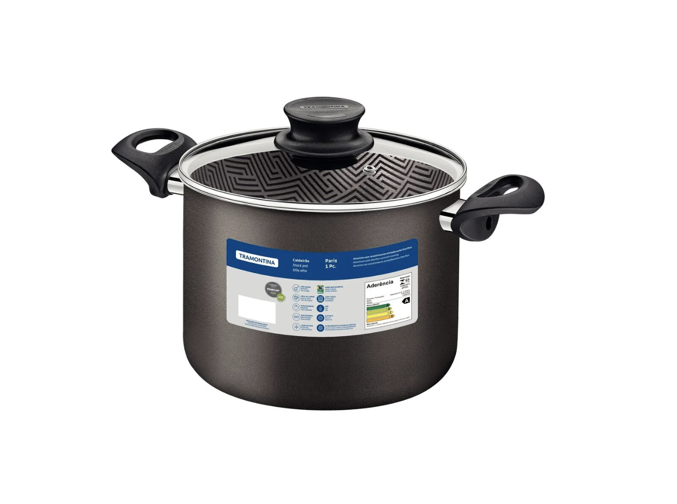 Olla Alta Tramontina Paris en Aluminio con Revestimiento Interno y Externo Antiadherente Starflon Max Plomo con Tapa de Vidrio 24 cm 7,1 L
