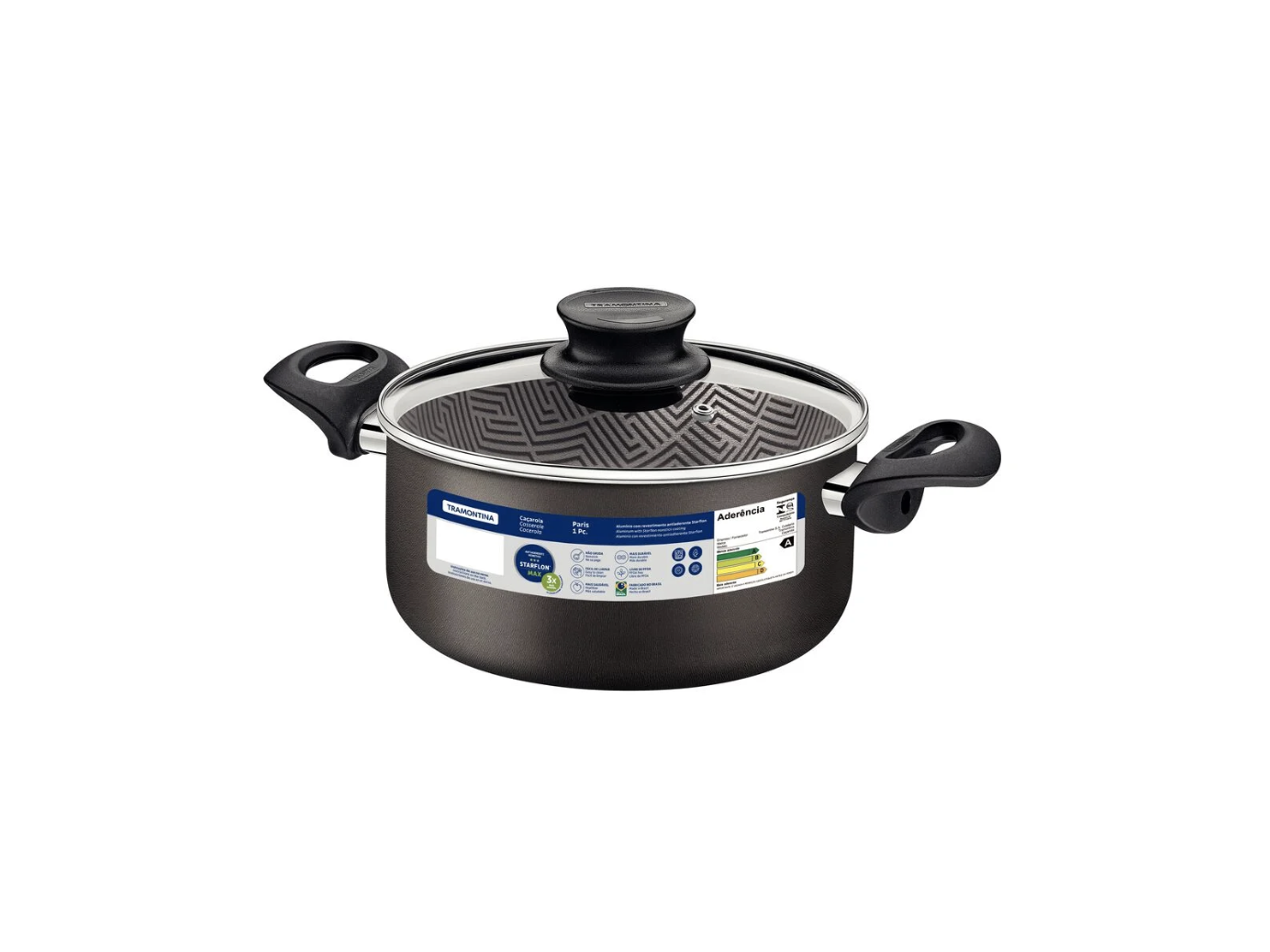 Cacerola Tramontina Paris en Aluminio con Revestimiento Interno y Externo Antiadherente Starflon Max Plomo con Tapa de Vidrio 20 cm 2,9 L