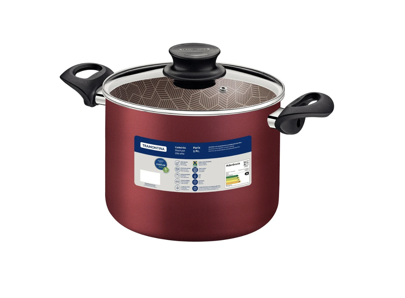 Olla Alta Tramontina Paris en Aluminio con Revestimiento Interno y Externo Antiadherente Starflon Max Rojo con Tapa de Vidrio 26 cm 9,6 L