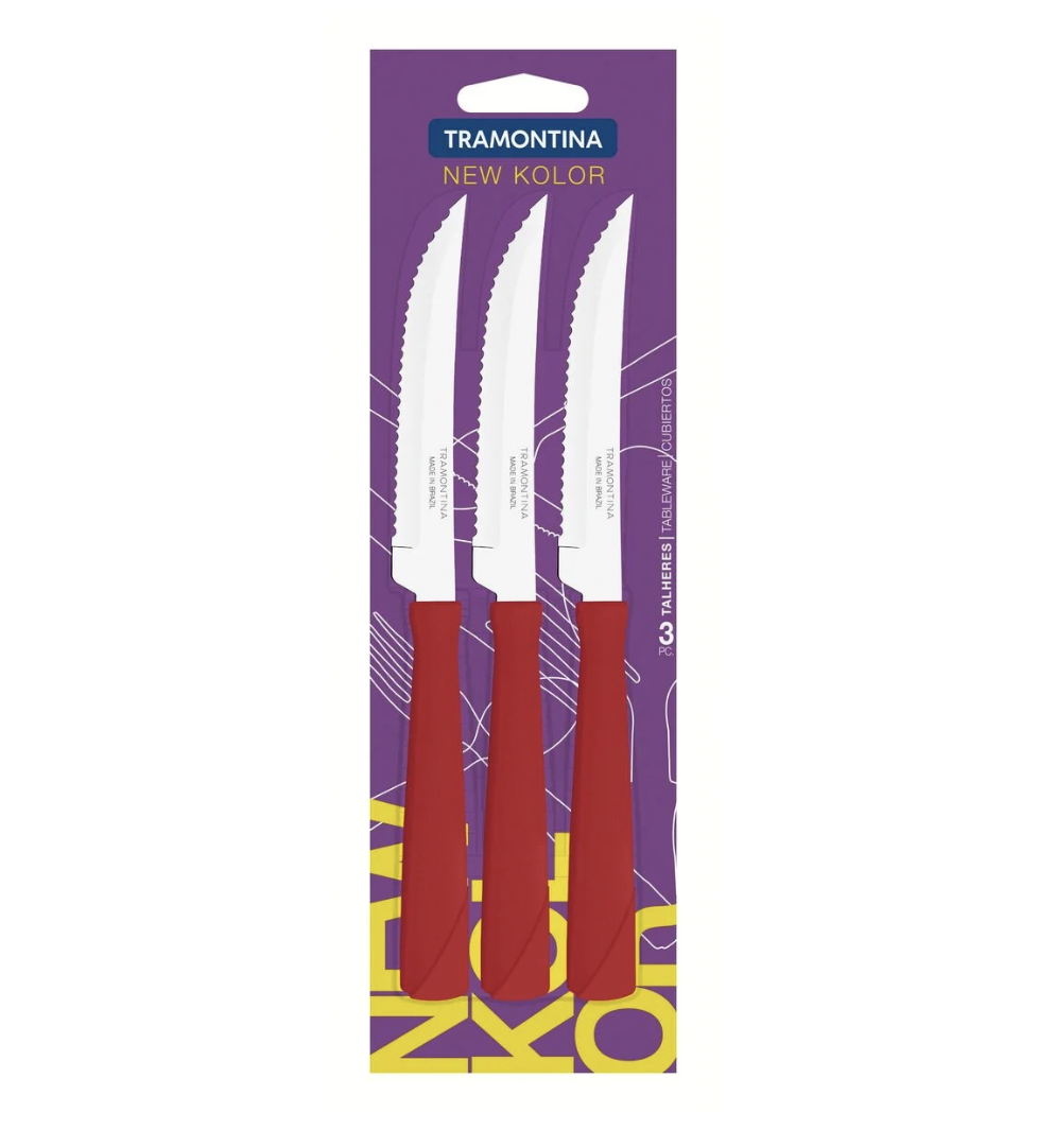 Juego de Cuchillos para Asado Tramontina New Kolor con Láminas de Acero Inoxidable y Mangos de Polipropileno Rojo 3 Piezas