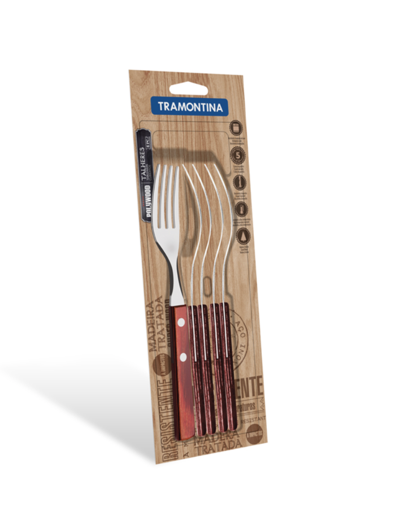 Juego de Tenedores de Mesa Tramontina con Láminas de Acero Inoxidable y Mangos de Madera Tratada Polywood Rojo 6 Piezas

