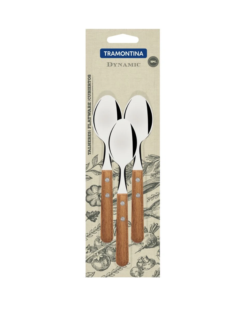 Juego de Cucharas para Té Tramontina Dynamic con Láminas en Acero Inoxidable y Mangos de Madera Natural 03 Piezas