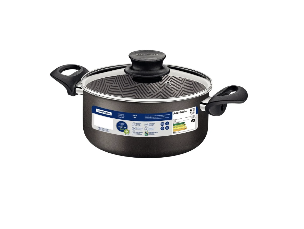 Cacerola Tramontina Paris en Aluminio con Revestimiento Interno y Externo Antiadherente Starflon Max Plomo con Tapa de Vidrio 26 cm 6,3 L

