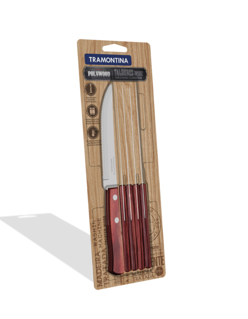 Juego de Cuchillos para Asado Tramontina con Láminas de Acero Inoxidable y Mangos de Madera Tratada Polywood Rojo 6 Piezas
