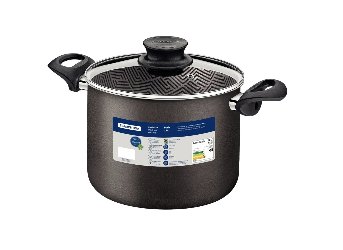 Olla Alta Tramontina Paris en Aluminio con Revestimiento Interno y Externo Antiadherente Starflon Max Plomo con Tapa de Vidrio 26 cm 9,6 L