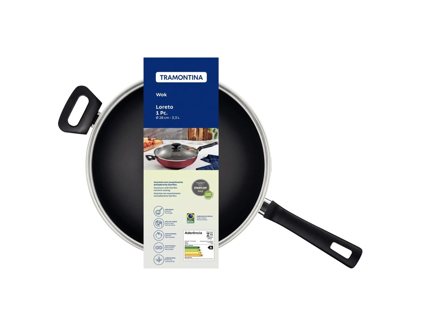 Wok Tramontina Loreto de Aluminio con Revestimiento Interno Antiadherente Starflon Max con Tapa de Vidrio, 28 cm y 3,3 l
