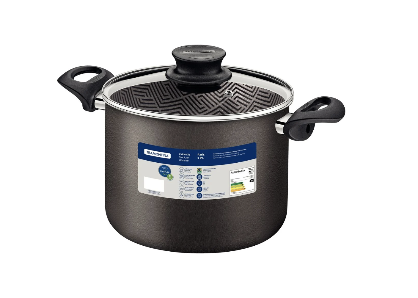 Olla Alta Tramontina Paris en Aluminio con Revestimiento Interno y Externo Antiadherente Starflon Max Plomo con Tapa de Vidrio 28 cm 11,8 L