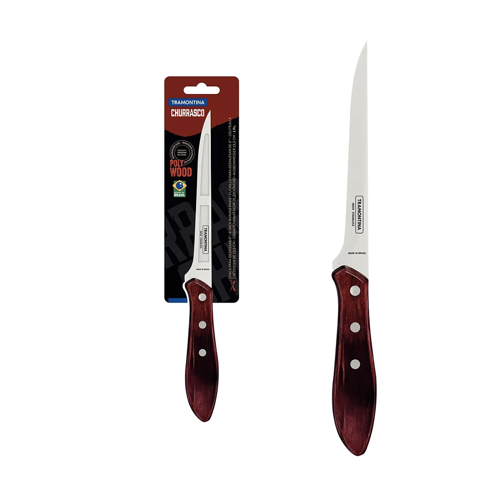 Cuchillo para Deshuesar Tramontina con Lámina de Acero Inoxidable y Mango de Madera Tratada Rojo Polywood 6&quot;