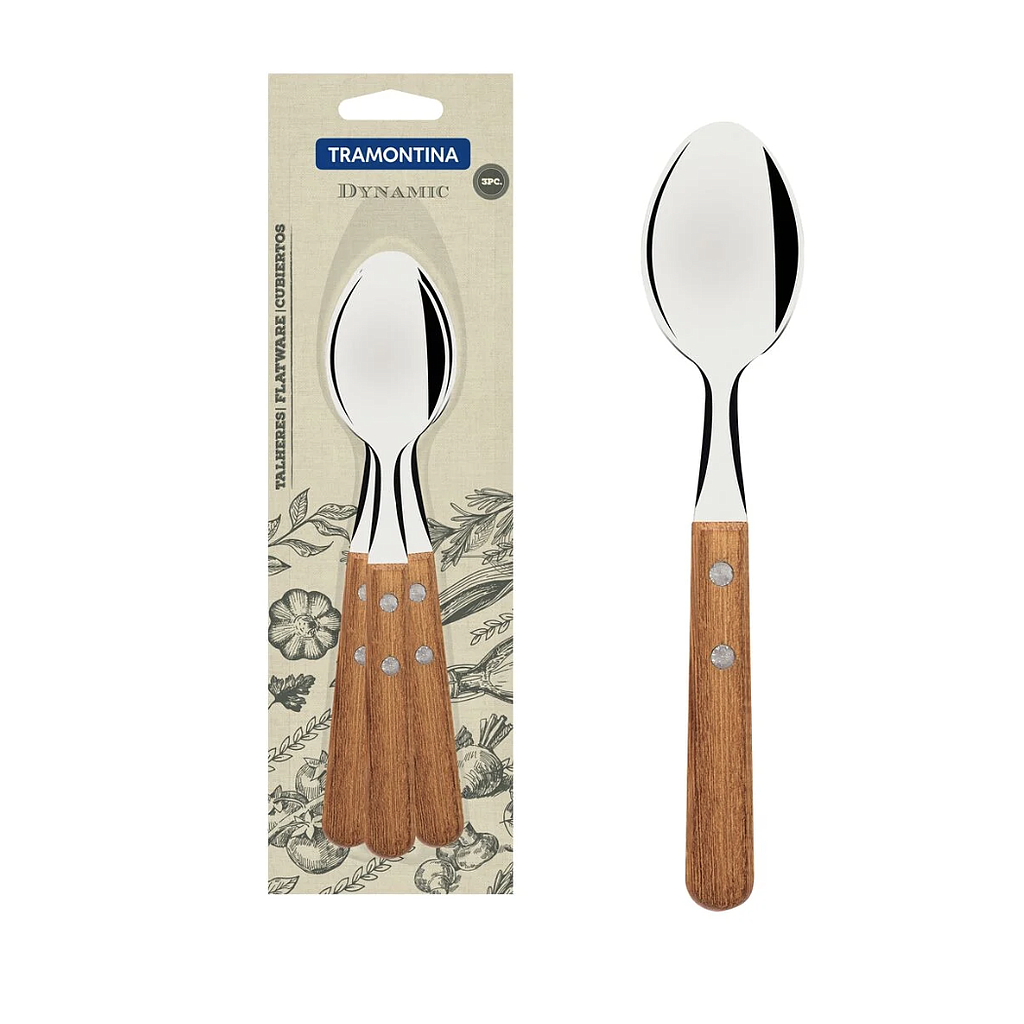 Juego de Cucharas de Mesa Tramontina Dynamic con Láminas en Acero Inoxidable y Mangos de Madera Natural 03 Piezas