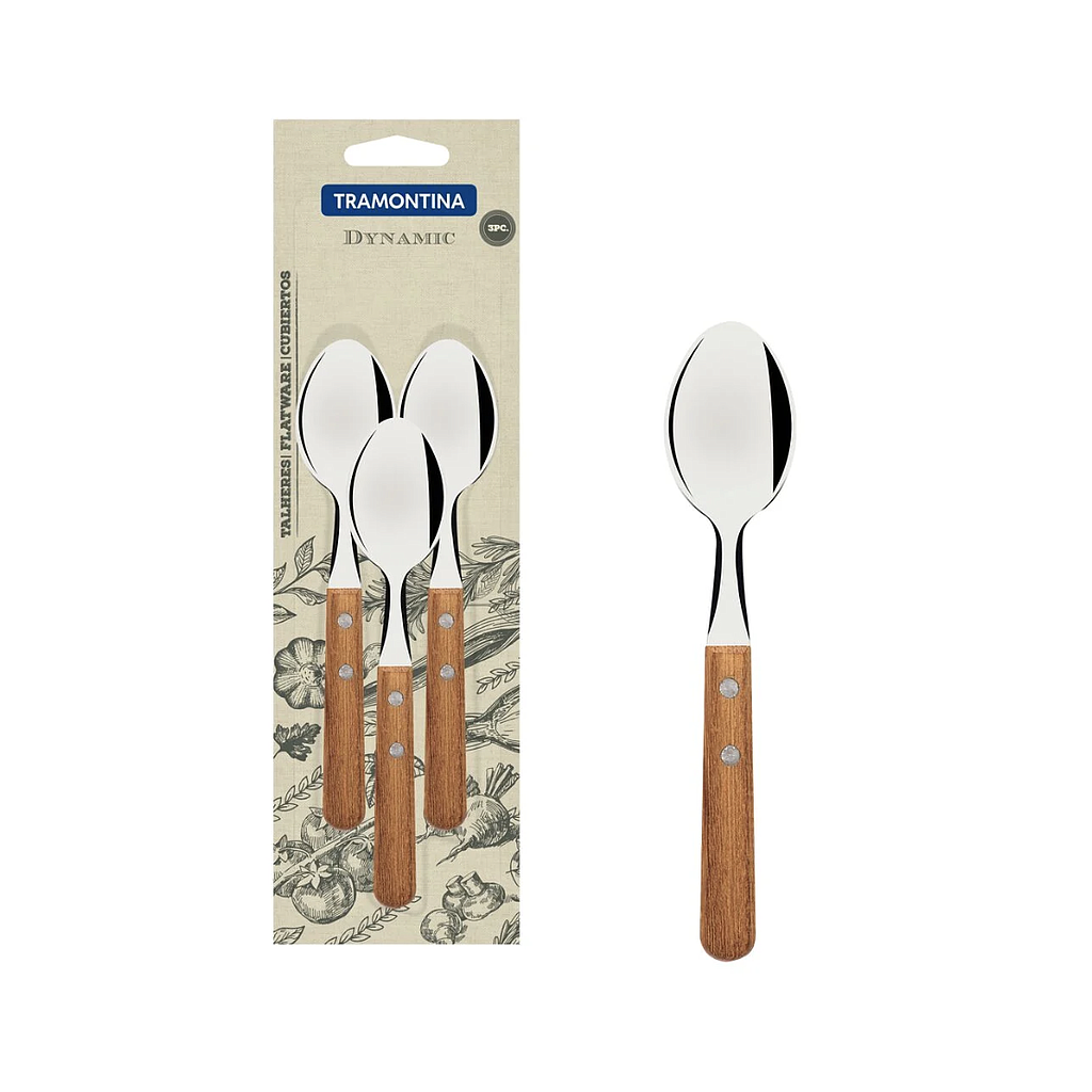 Juego de Cucharas para Té Tramontina Dynamic con Láminas en Acero Inoxidable y Mangos de Madera Natural 03 Piezas