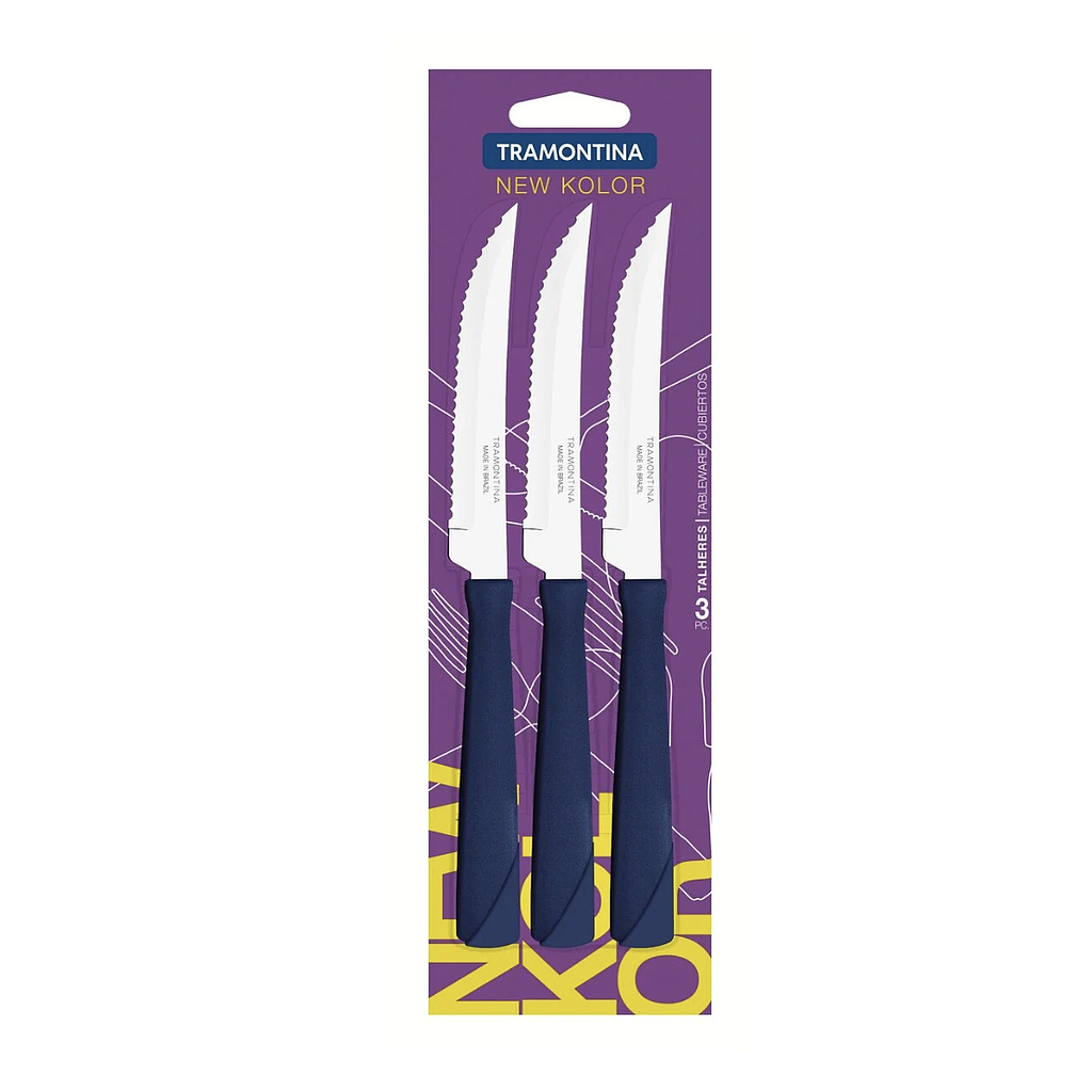 Juego de Cuchillos para Asado Tramontina New Kolor con Láminas de Acero Inoxidable y Mangos de Polipropileno Azul 3 Piezas