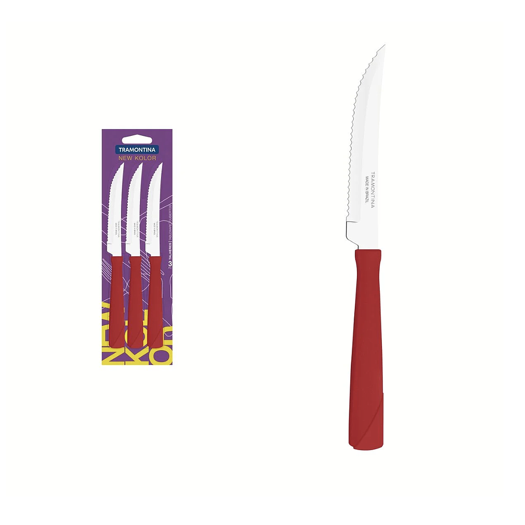 Juego de Cuchillos para Asado Tramontina New Kolor con Láminas de Acero Inoxidable y Mangos de Polipropileno Rojo 3 Piezas