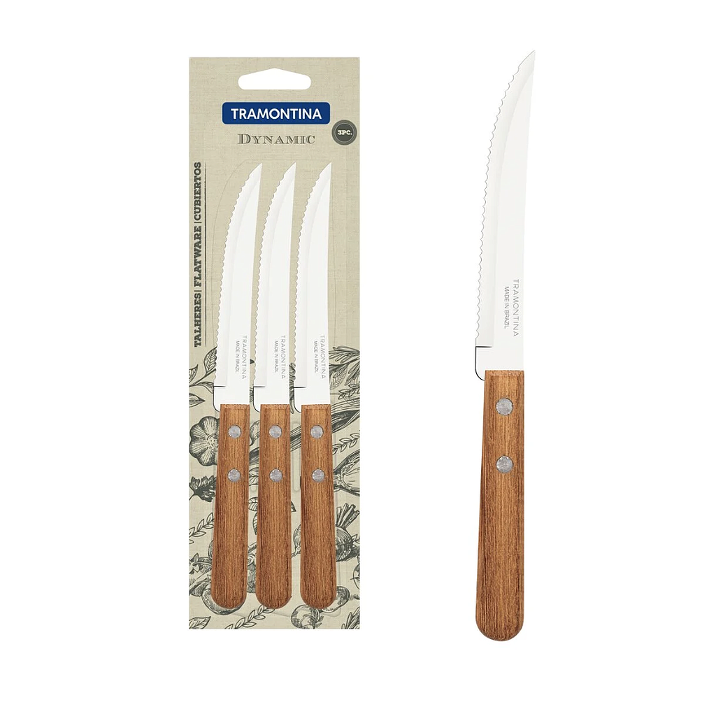Juego de Cuchillos para Asado y Frutas Tramontina Dynamic con Láminas de Acero Inoxidable y Mangos de Madera Natural 03 Piezas