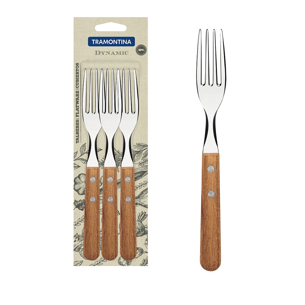 Juego de Tenedores de Mesa Tramontina Dynamic con Láminas en Acero Inoxidable y Mangos de Madera Natural 03 Piezas