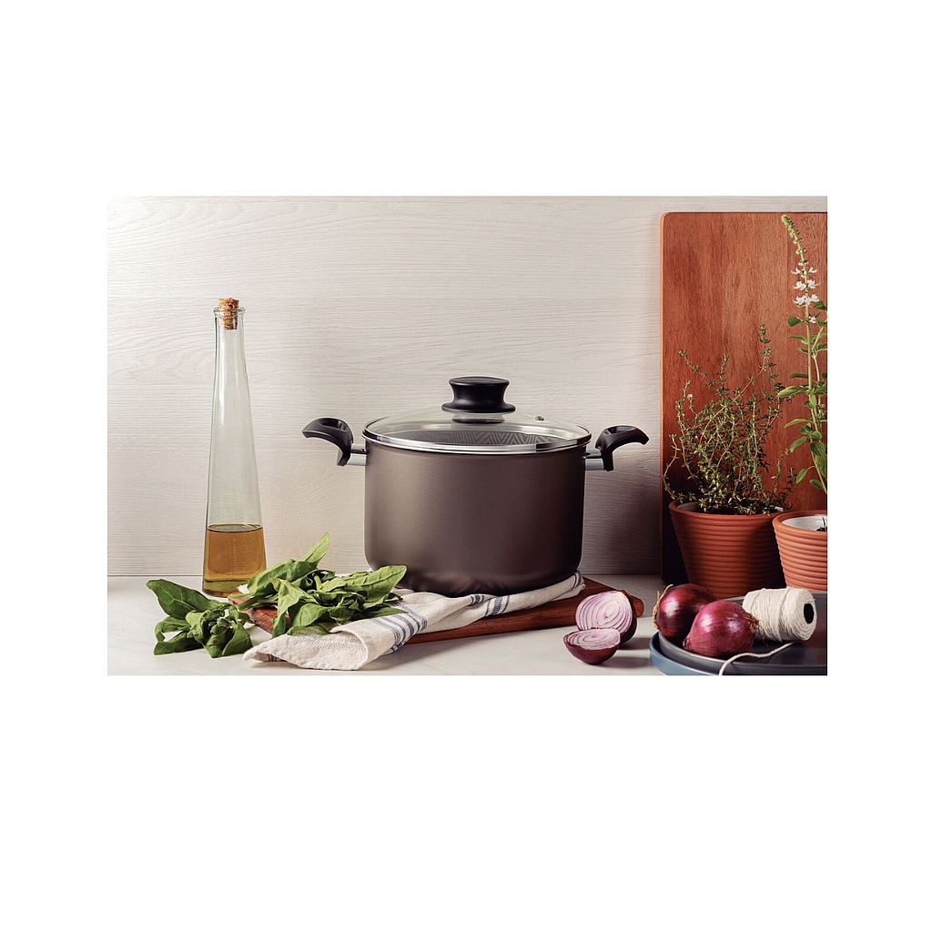 Olla Alta Tramontina Paris en Aluminio con Revestimiento Interno y Externo Antiadherente Starflon Max Plomo con Tapa de Vidrio 26 cm 9,6 L