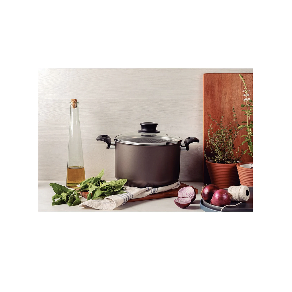 Olla Alta Tramontina Paris en Aluminio con Revestimiento Interno y Externo Antiadherente Starflon Max Plomo con Tapa de Vidrio 28 cm 11,8 L
