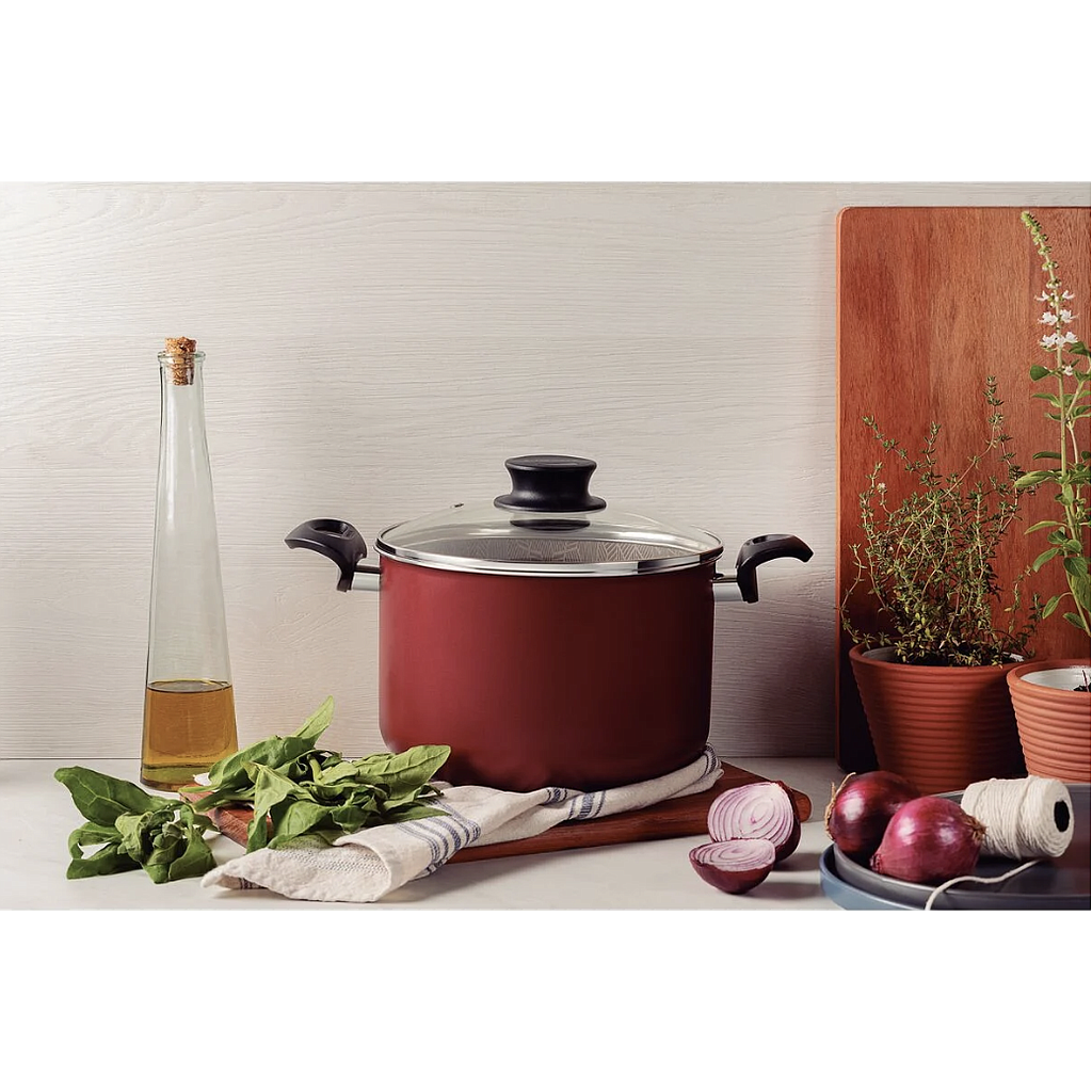 Olla Alta Tramontina Paris en Aluminio con Revestimiento Interno y Externo Antiadherente Starflon Max Rojo con Tapa de Vidrio 26 cm 9,6 L