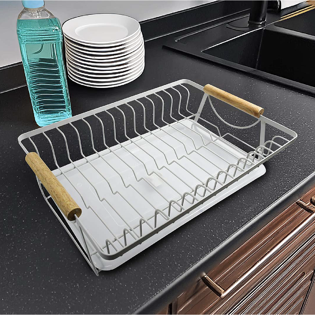 Escurridor en Acero Blanco con Asas de Madera 40x30x10cm