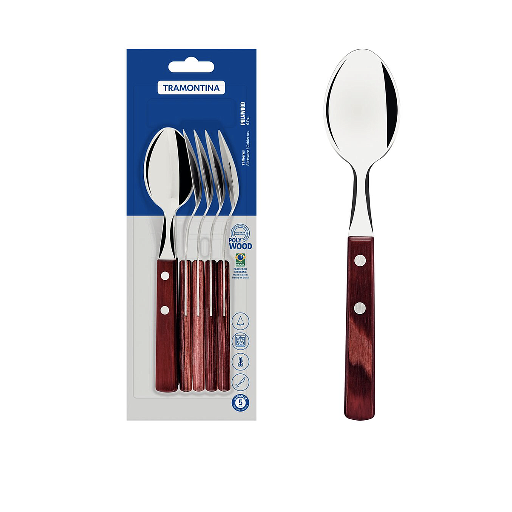 Juego de Cucharas de Mesa Tramontina con Láminas de Acero Inoxidable y Mangos de Madera Tratada Polywood Rojo 6 Piezas