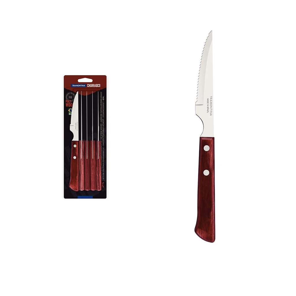 Conjunto de cuchillos para asado Tramontina con Láminas de Acero Inoxidable y Mangos de Madera Tratada Polywood Rojo 6 piezas.